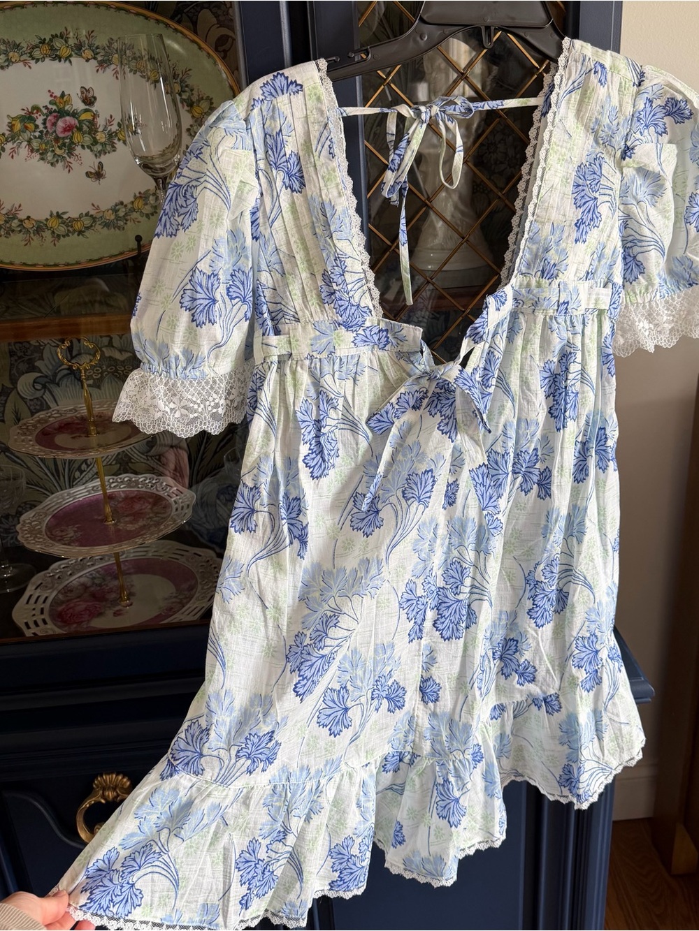 LyreBird Puff Sleeve Romper Blue Floral Lace-Trim Women's Dress Anthropologie
